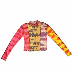 Long Sleeve Colorblock Tie Dye Mesh Top - Medium